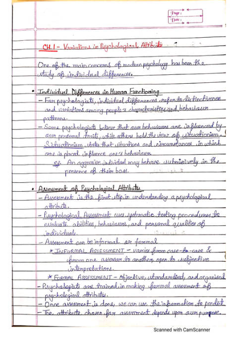 First page of handwritten notes for CBSE Class 12 Psychology Chapter 1, Variations in Psychological Attributes